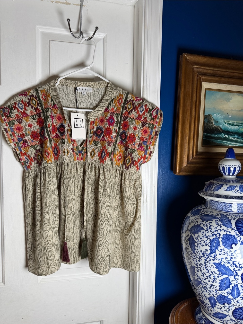 NWT Anthropologie THML Embroidered Boho Flutter Sleeve Blouse Size Small